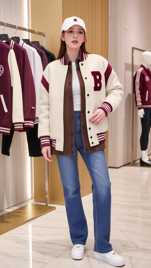25 Fall Korean Outfit Ideas 2026: Cute, Chic & Effortlessly Trendy Looks 25 Varsity Jacket + Straight Jeans