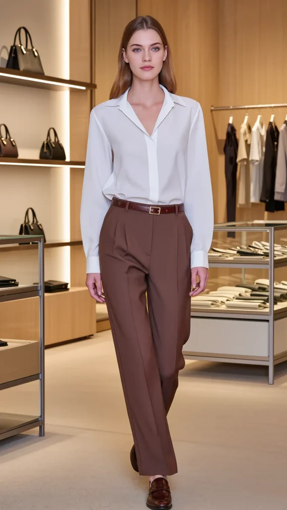 25 Fall Vanilla Girl Outfits Ideas 2026: Cozy, Creamy & Effortlessly Chic 15 White Blouse + Brown Trousers