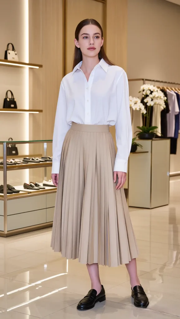25 Fall Work Outfit Ideas 2026: Polished Office Looks That Blend Style and Comfort 4 White Button-Up & Pleated Midi Skirt