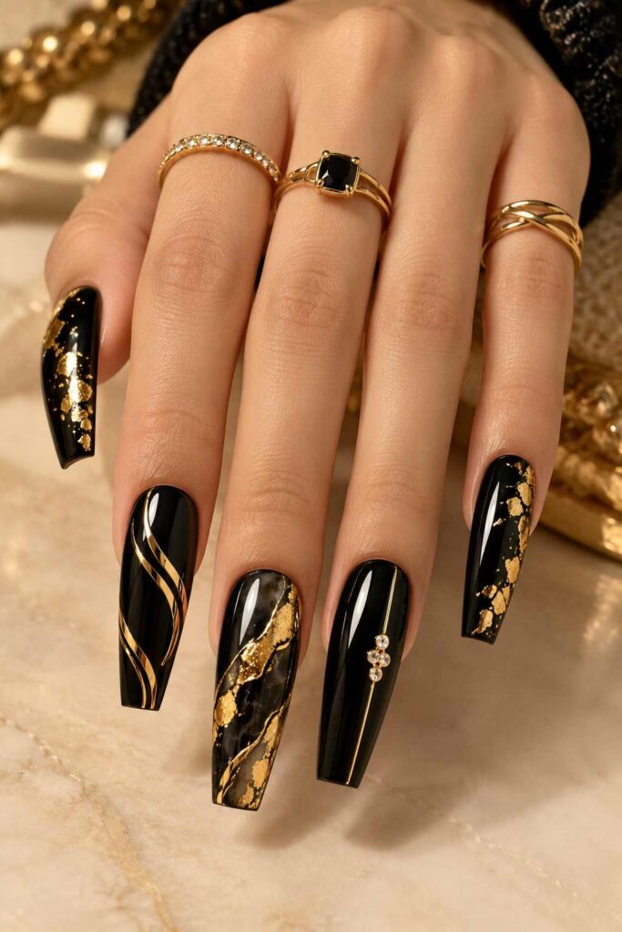 Black & Gold Acrylic Nails