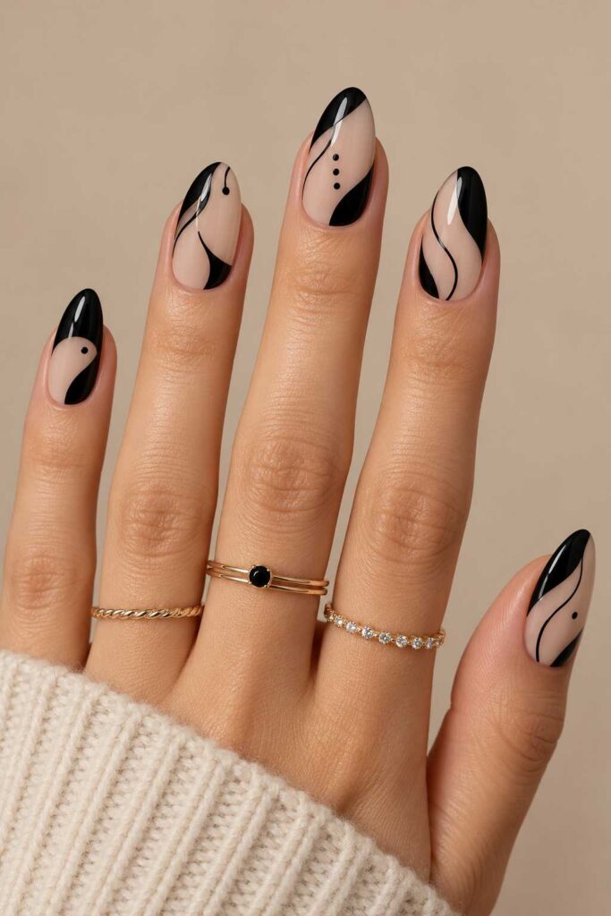 Black and Nude Abstract Nails