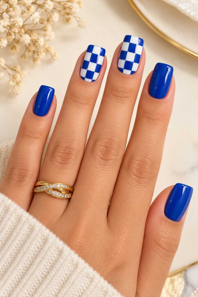 Blue Checkerboard Nails