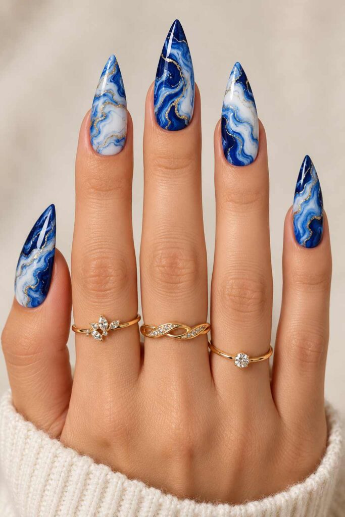 Blue Marble Stiletto Nails