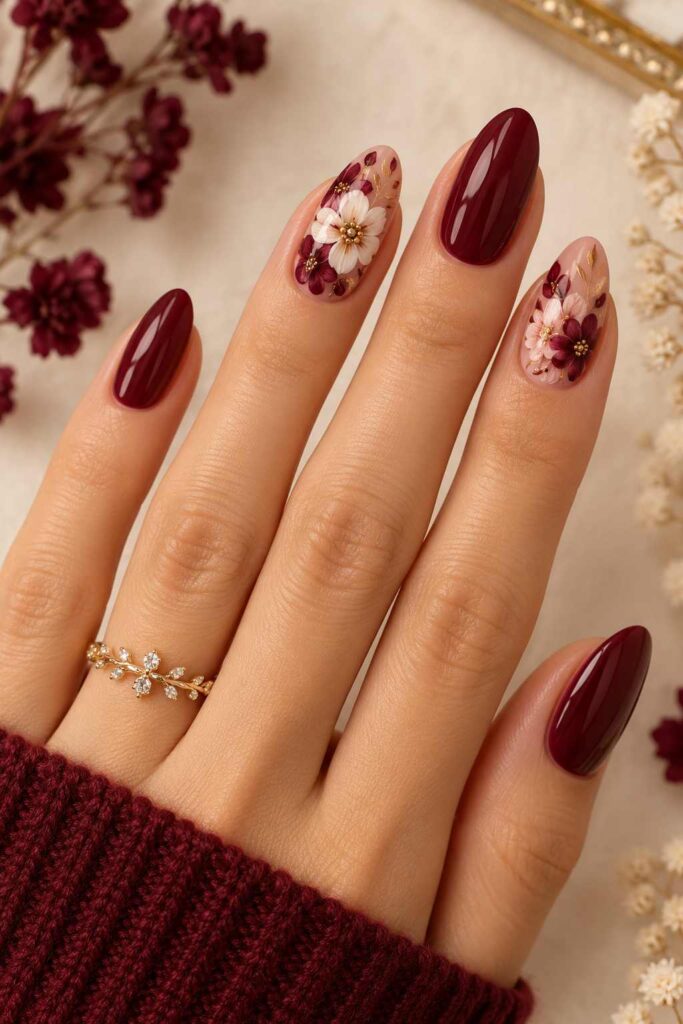 Burgundy Floral Nails