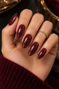 Burgundy Glitter Nails