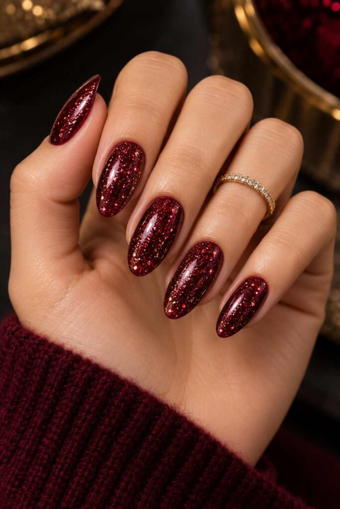 Burgundy Glitter Nails