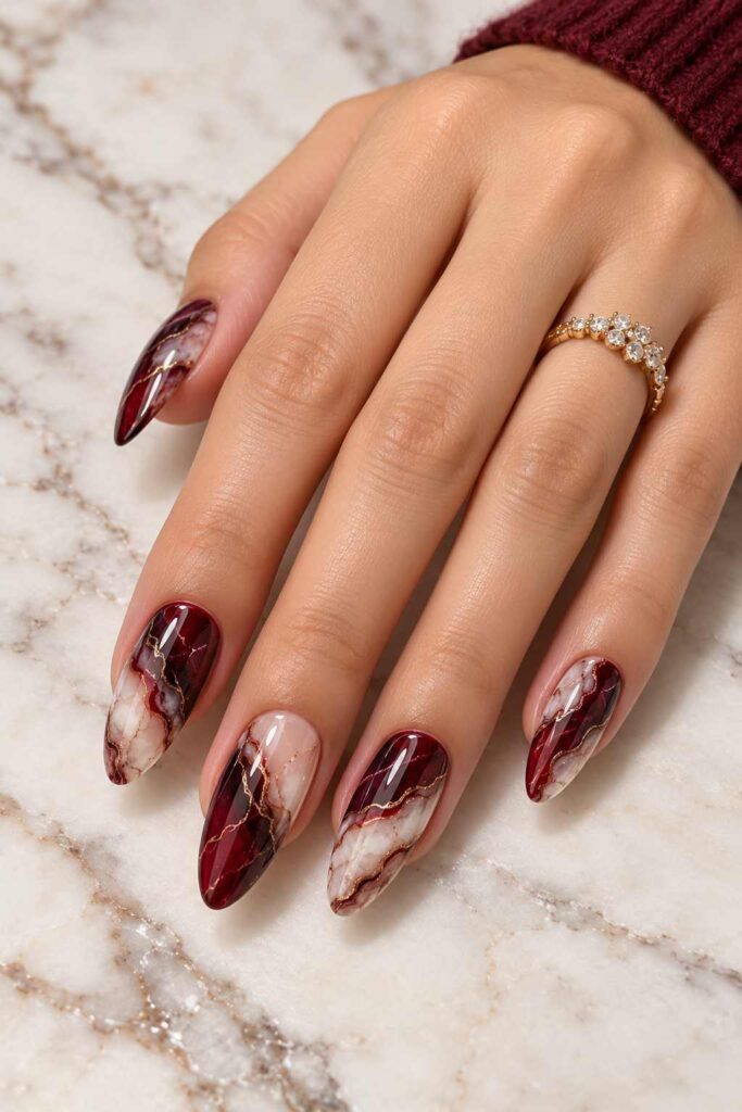 Burgundy Marble Nails
