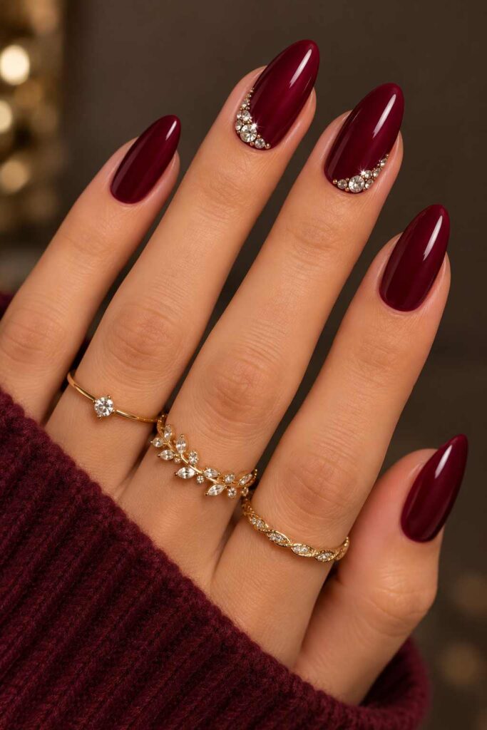 Burgundy Rhinestone Nails