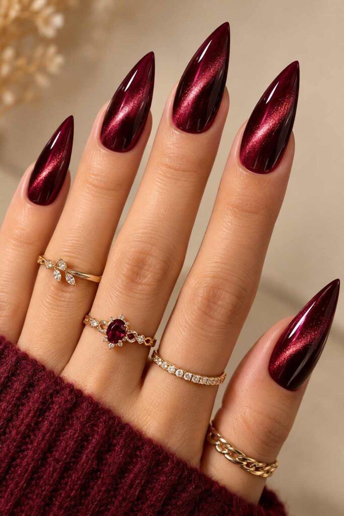 Burgundy Velvet Stiletto Nails
