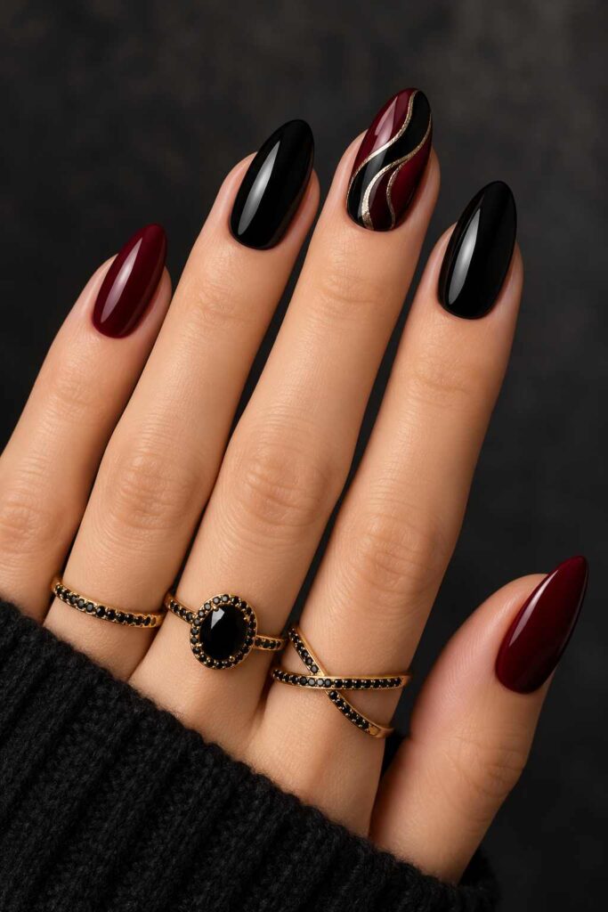 Burgundy and Black Nails