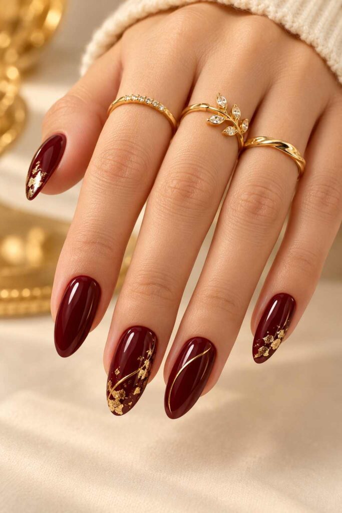 Burgundy and Gold Nails
