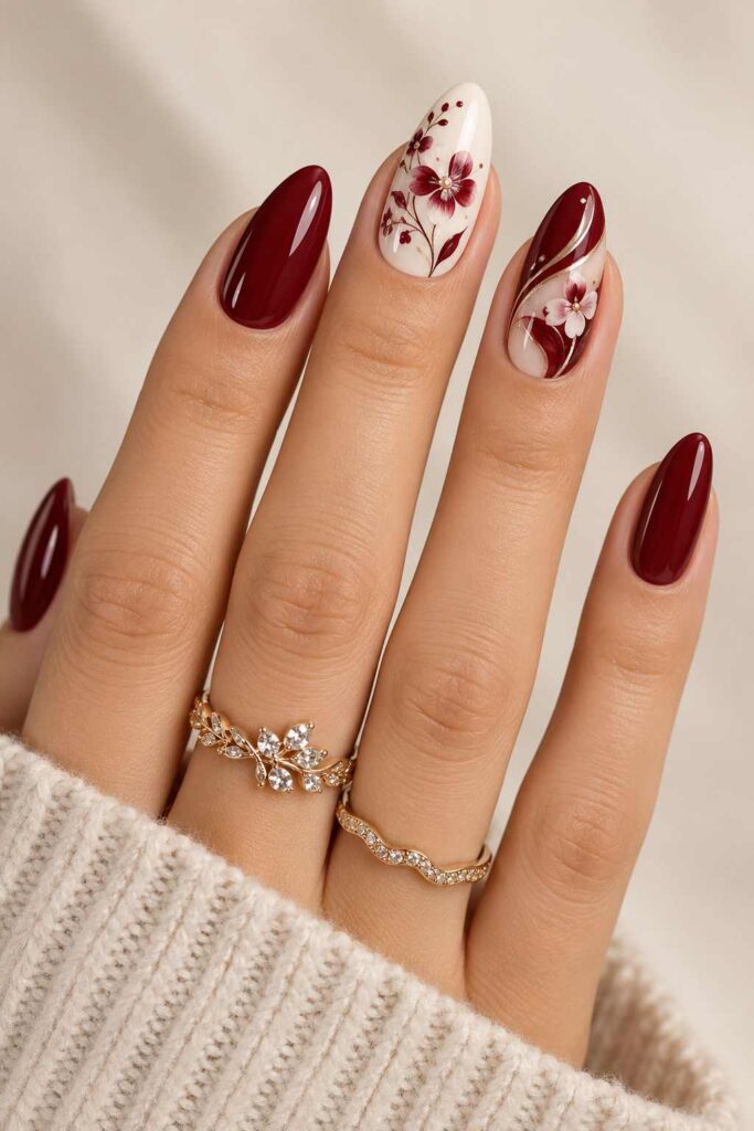Burgundy and White Nails