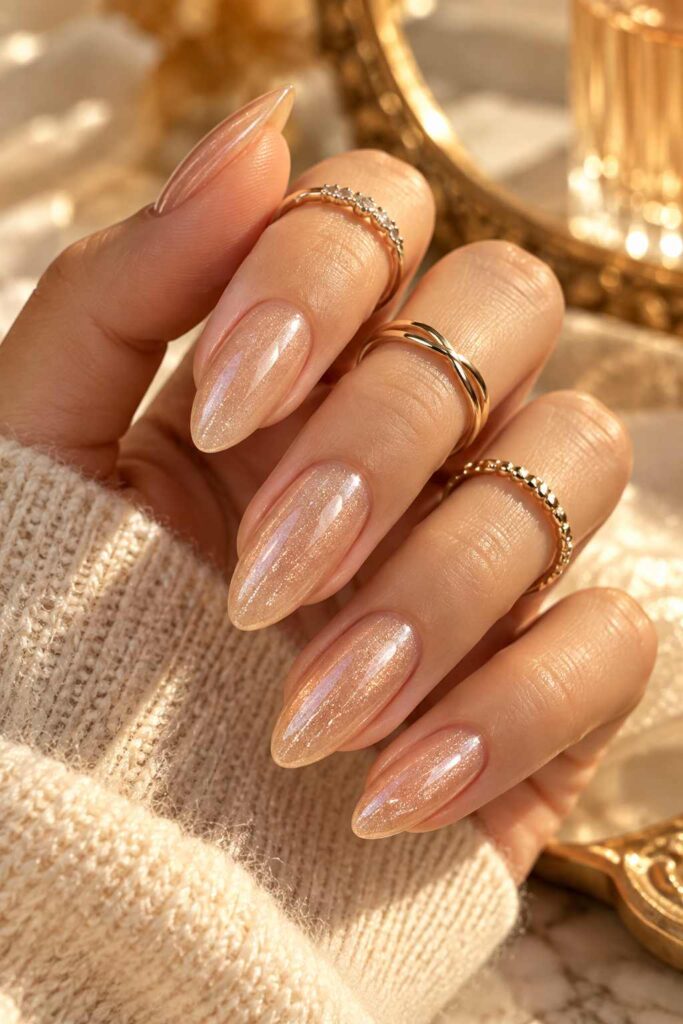 Champagne Shimmer Almond Nails