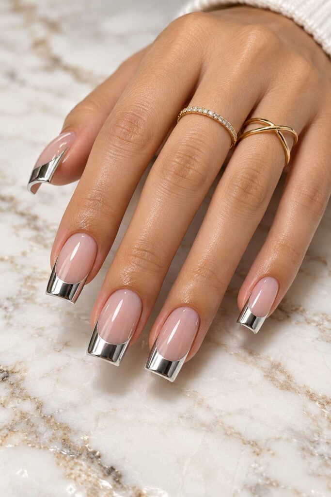 Chrome French Tip Square Nails