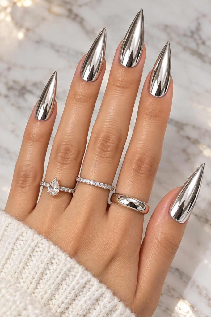 Chrome Silver Stiletto Nails