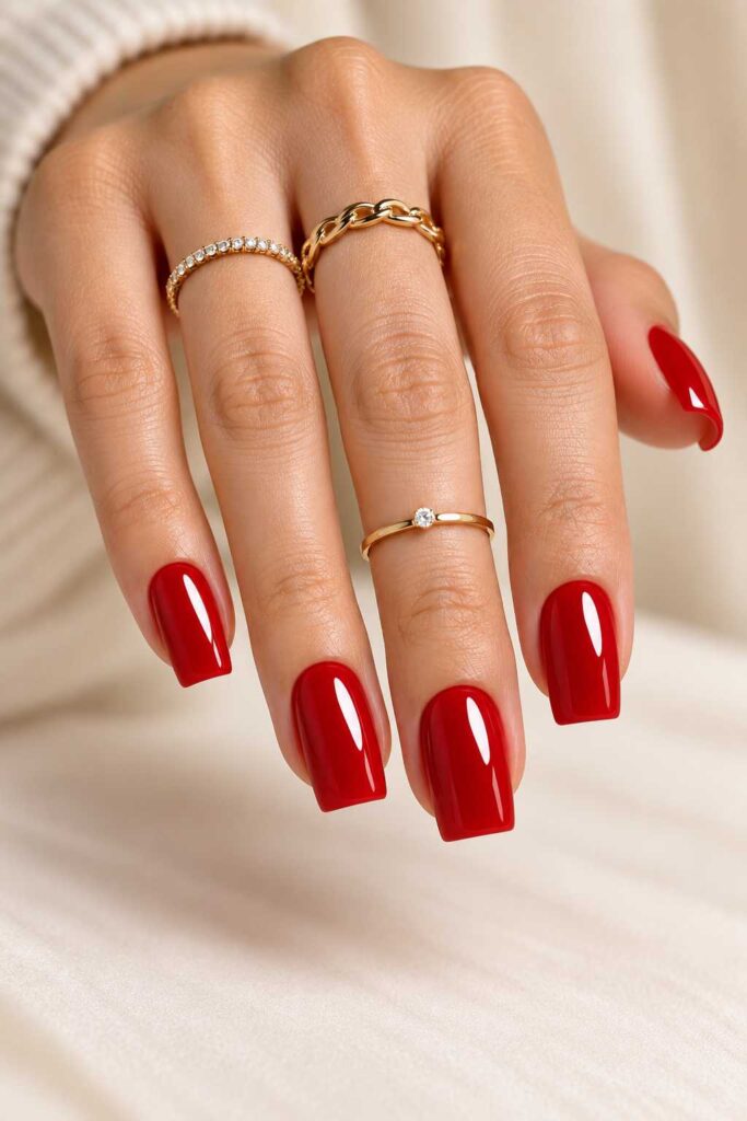 Glossy Cherry Red Square Nails