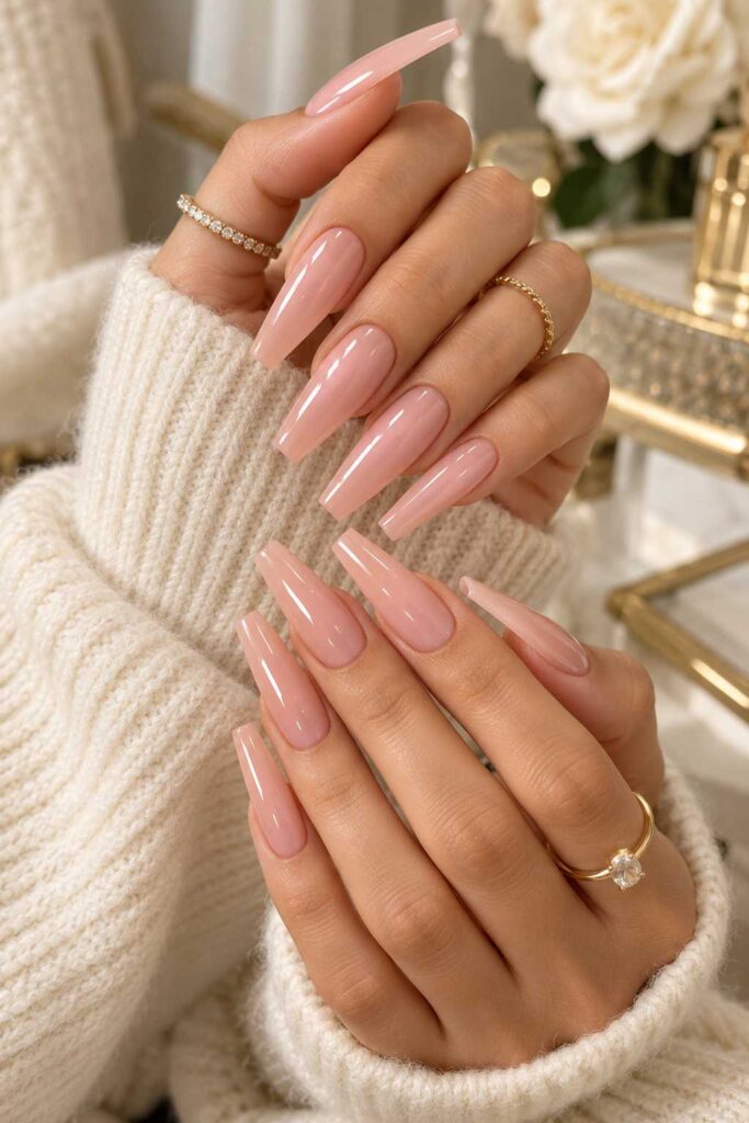 Glossy Nude Coffin Nails