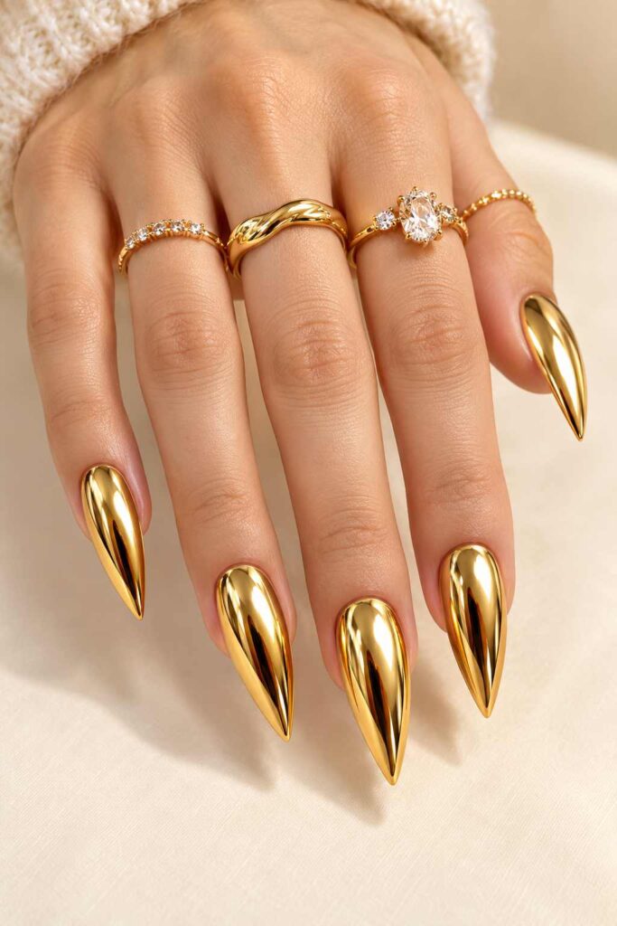 Gold Chrome Stiletto Nails