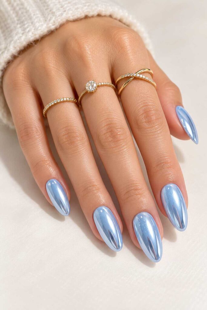 Icy Blue Chrome Gel Nails