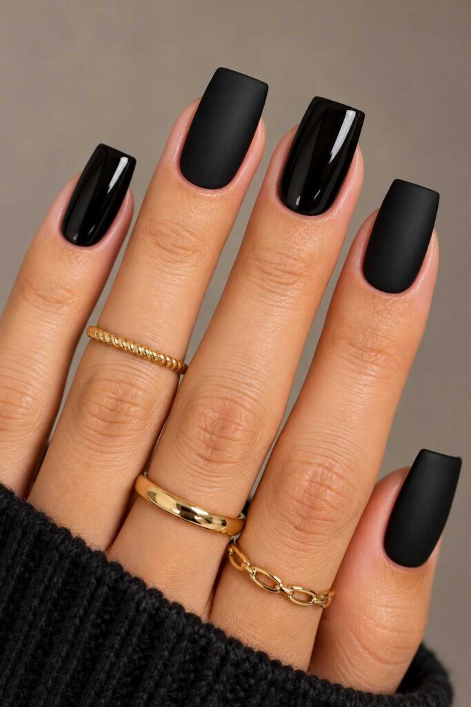 Matte Black and Glossy Square Nails