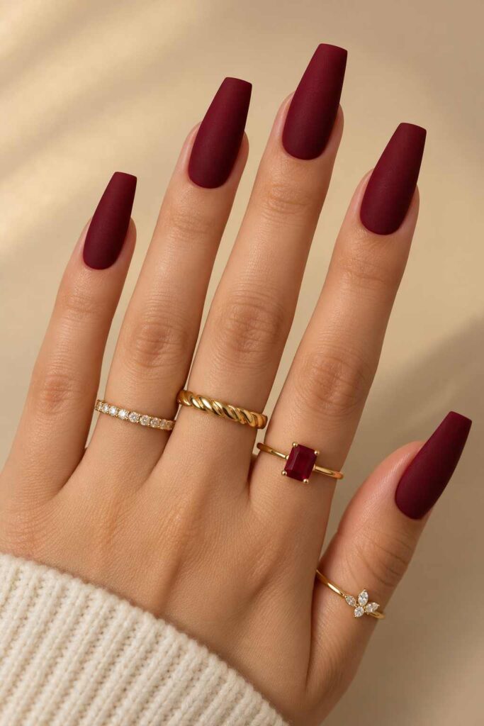 Matte Burgundy Acrylic Nails