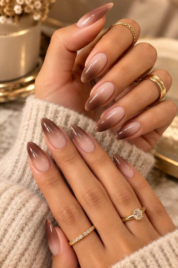 Mocha Ombre Almond Nails