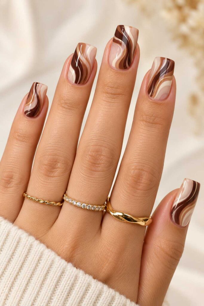 Mocha Swirl Square Nails
