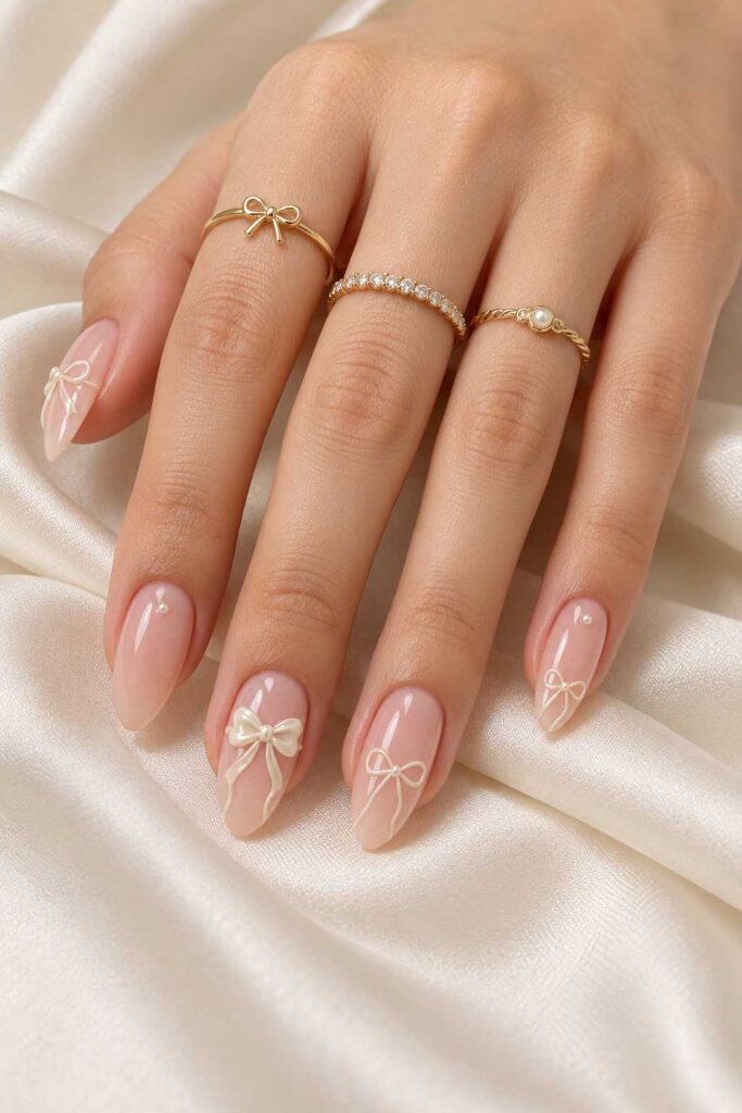 Nude Bow Accent Nails