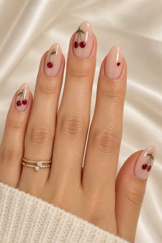Nude Cherry Accent Nails