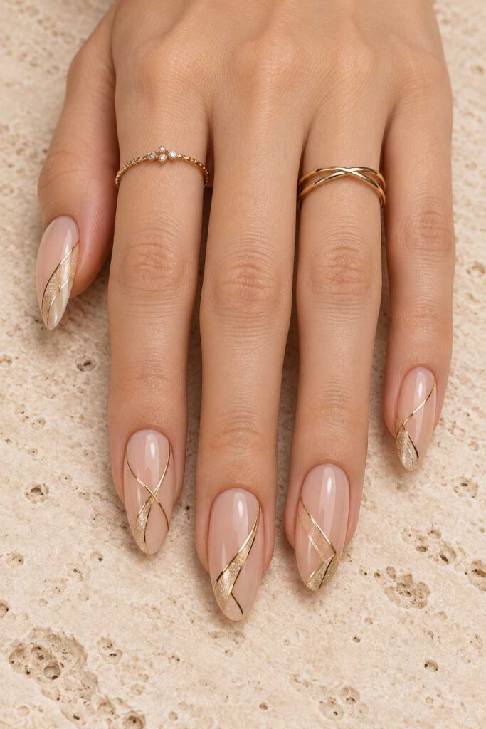 Nude Geometric Gold Nails