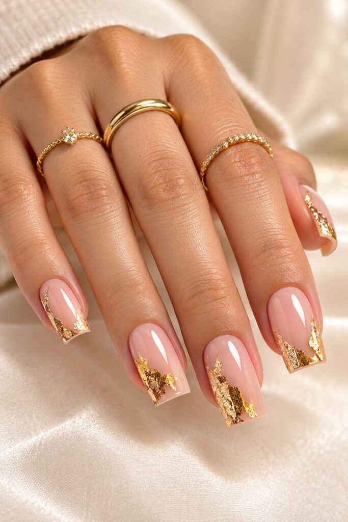 Nude and Gold Foil Square Nails
