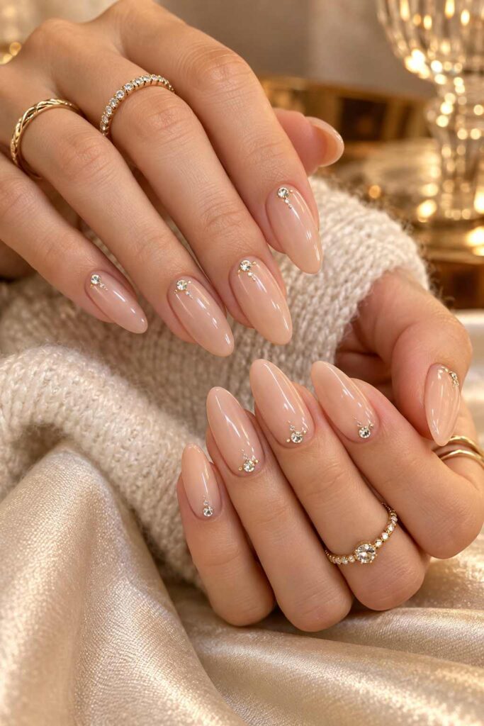 Nude Rhinestone Almond Nails