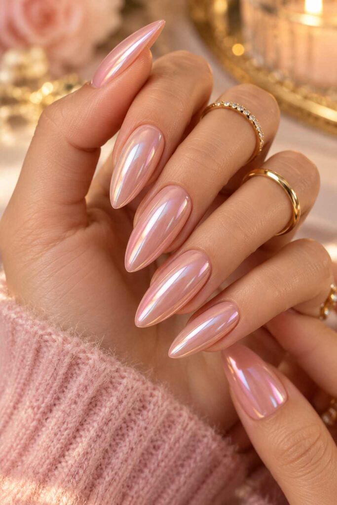 Pink Chrome Almond Nails
