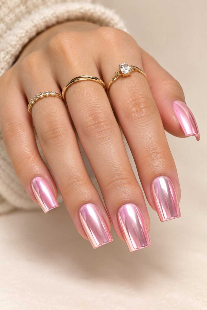 Pink Chrome Square Nails