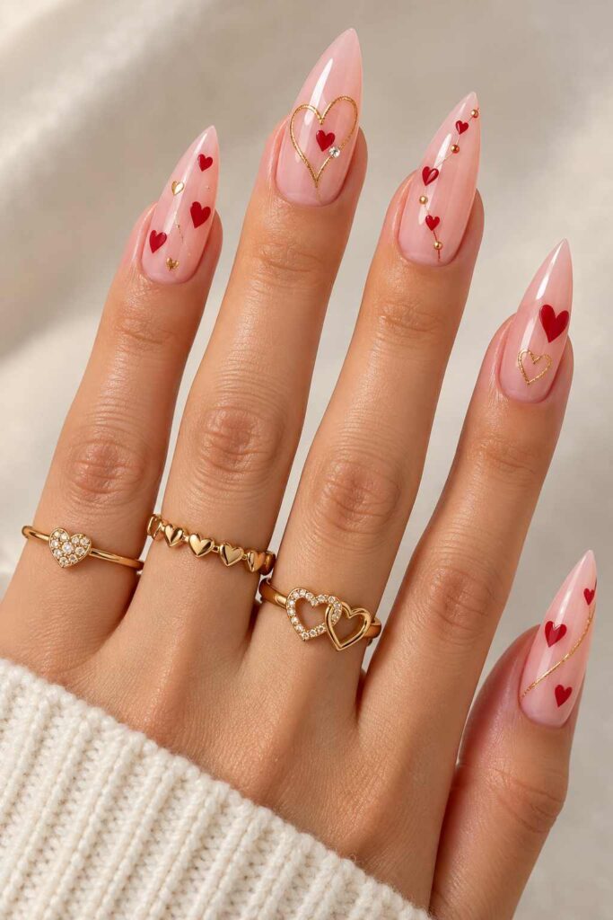 Pink & Red Heart Nails