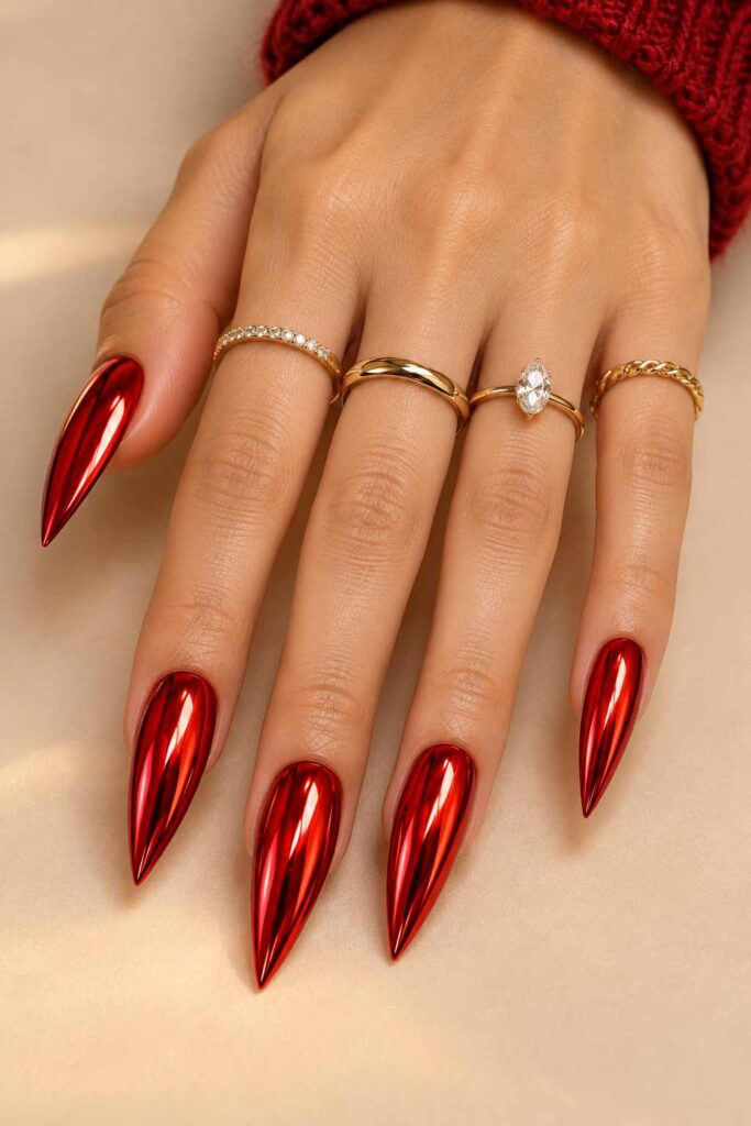 Red Chrome Stiletto Nails
