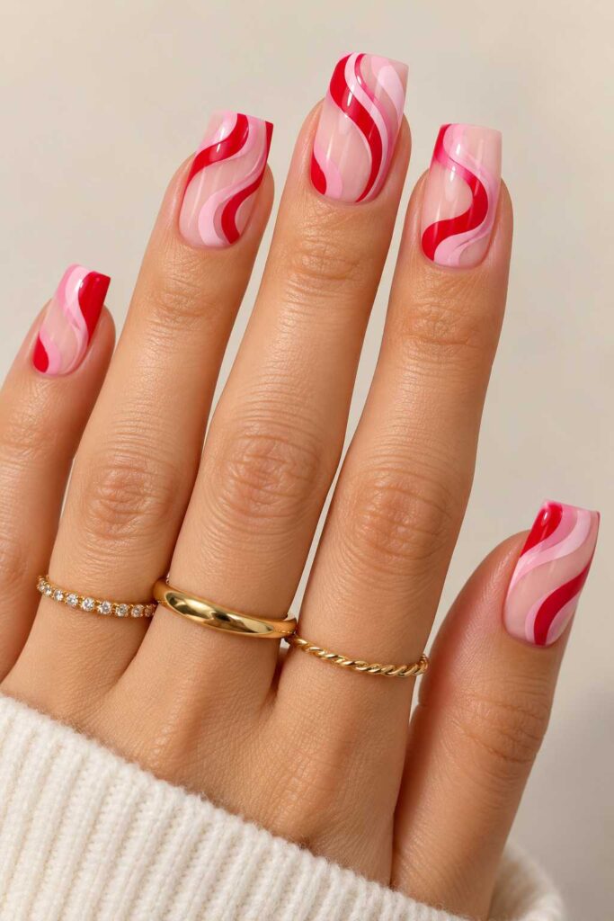 Red and Pink Swirl Square Nails