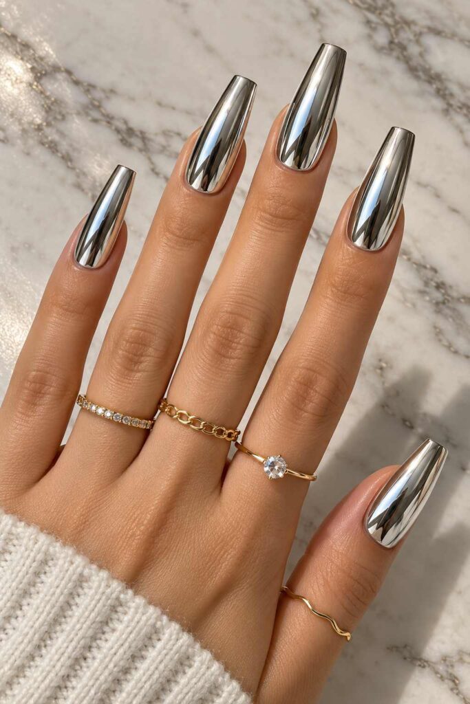 Silver Chrome Acrylic Nails