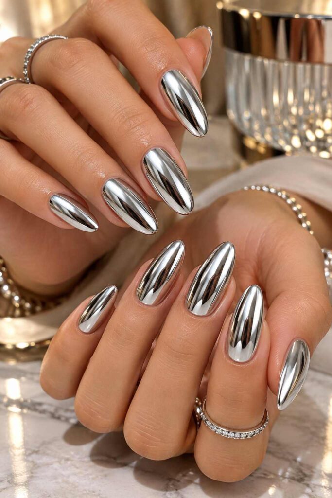 Silver Chrome Almond Nails