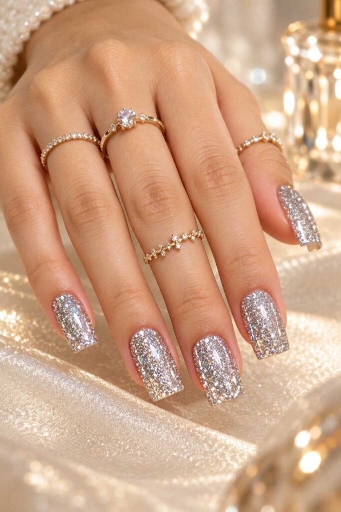 Silver Glitter Square Nails