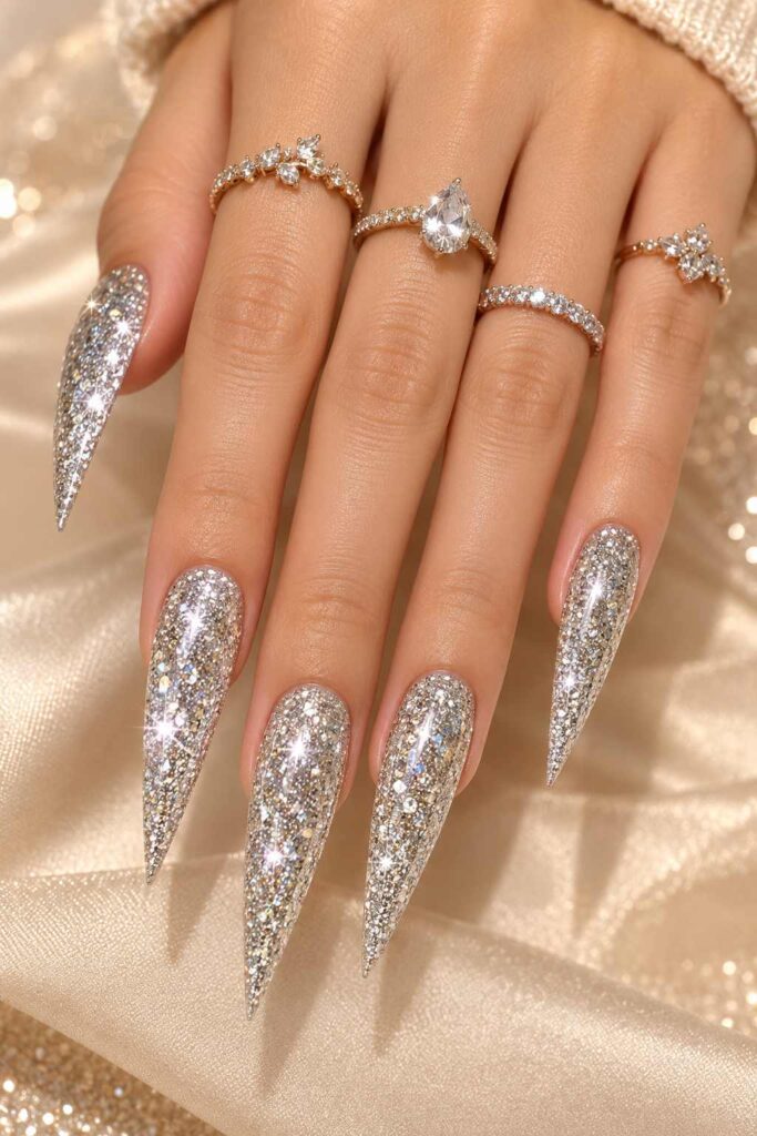 Silver Glitter Stiletto Nails