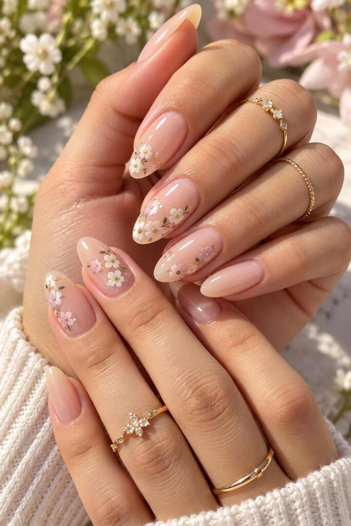 Tiny Floral Almond Nails