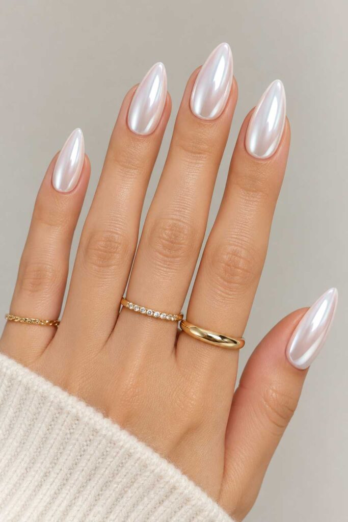 White Chrome Almond Nails