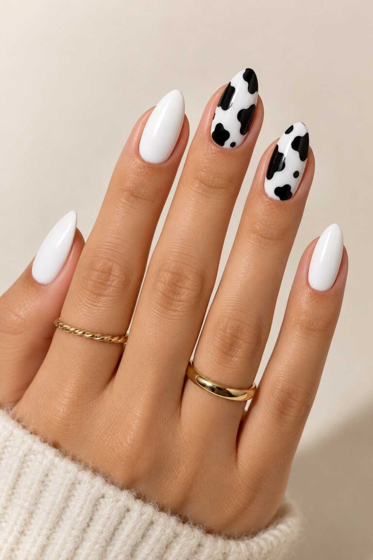 White Cow Print Nails